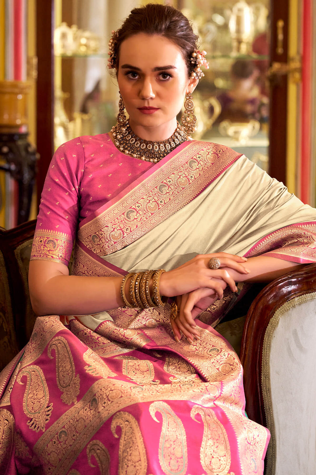 Cashmere Beige Zari Woven Soft Banarasi Silk Saree