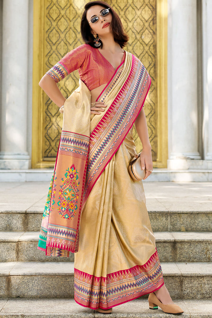 Cashmere Beige Zari Woven Tissue Silk Saree