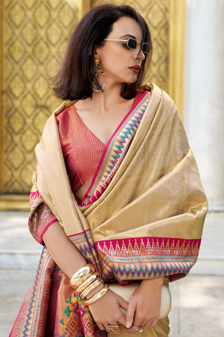 Cashmere Beige Zari Woven Tissue Silk Saree