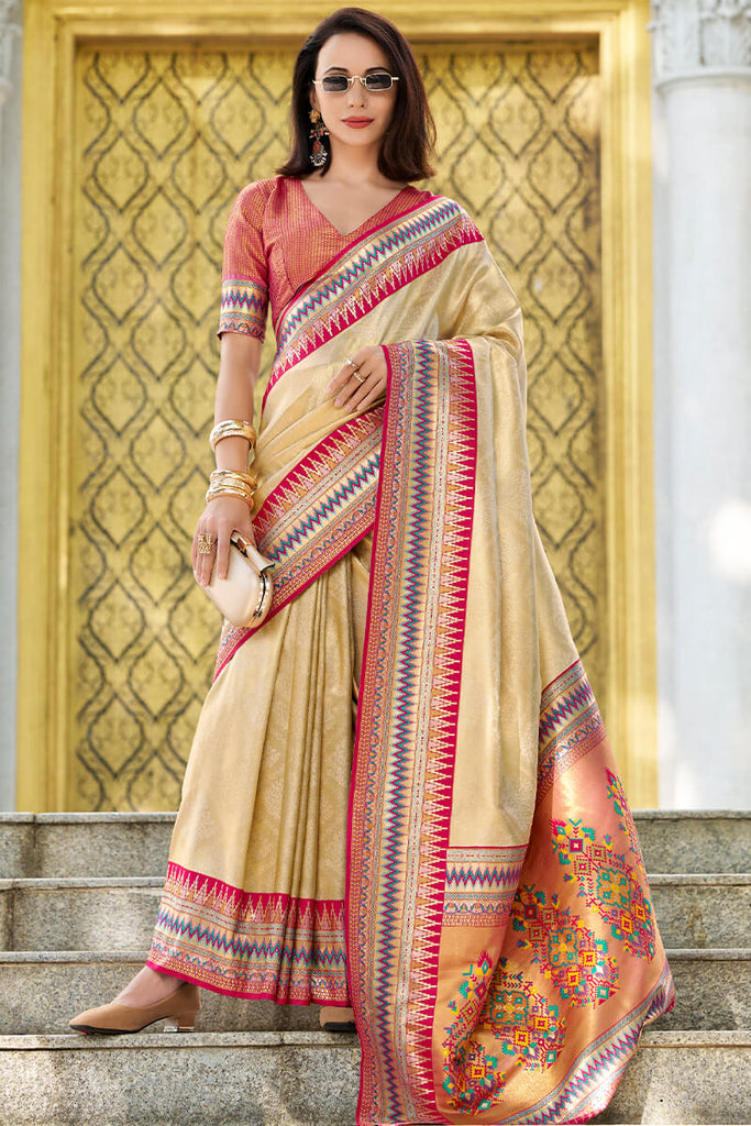 Cashmere Beige Zari Woven Tissue Silk Saree