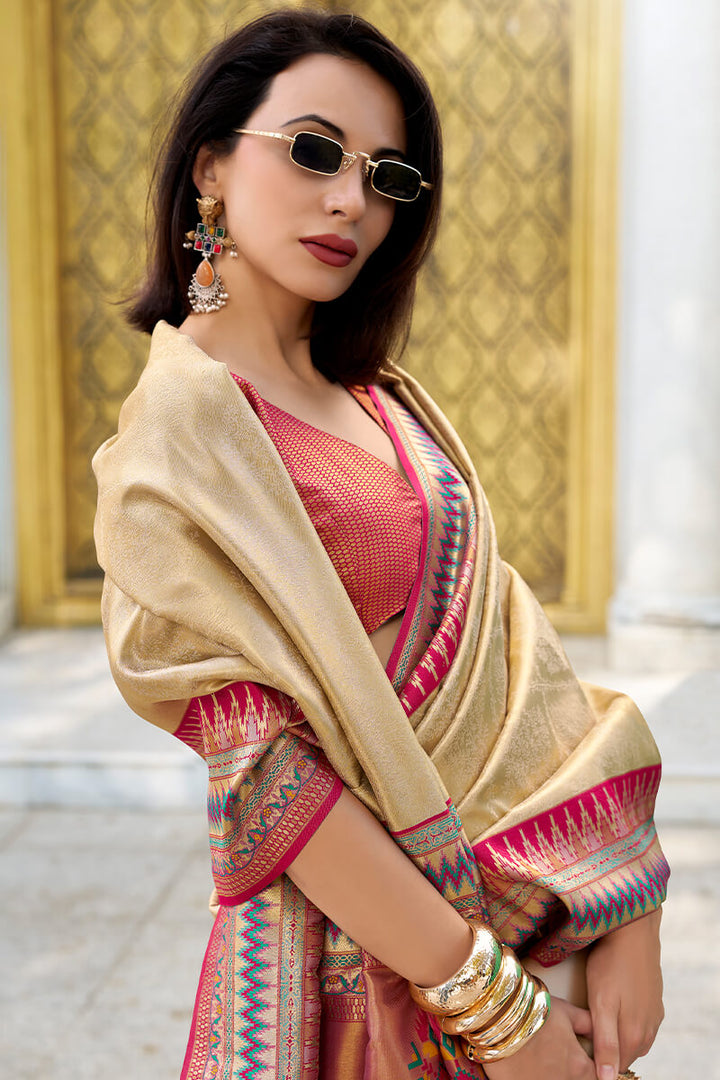 Cashmere Beige Zari Woven Tissue Silk Saree