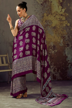 Castro Purple Ajrakh Printed Satin Silk Saree