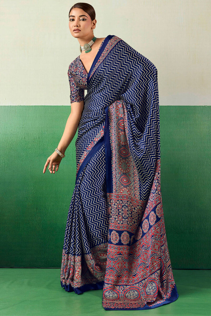 Catalina Blue Ajrakh Printed Satin Silk Saree
