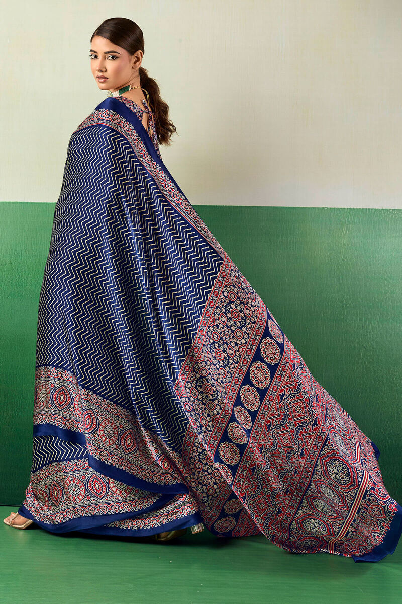 Catalina Blue Ajrakh Printed Satin Silk Saree