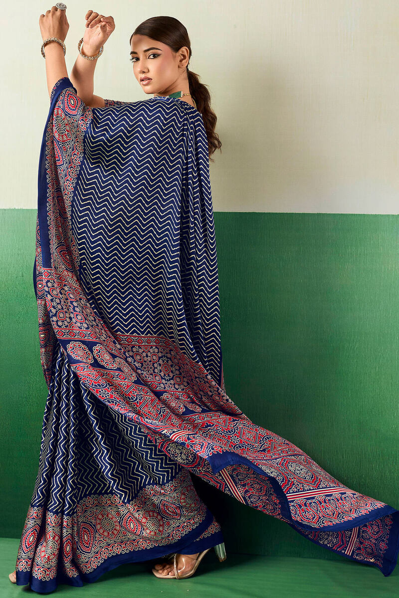 Catalina Blue Ajrakh Printed Satin Silk Saree