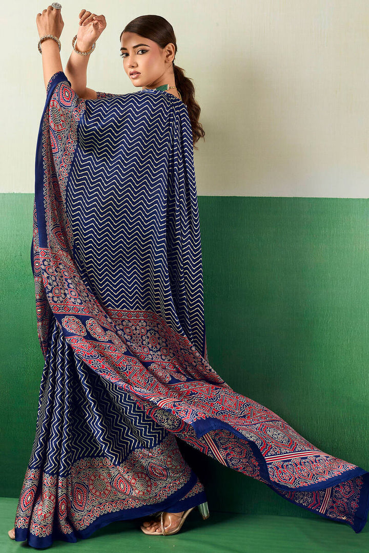 Catalina Blue Ajrakh Printed Satin Silk Saree