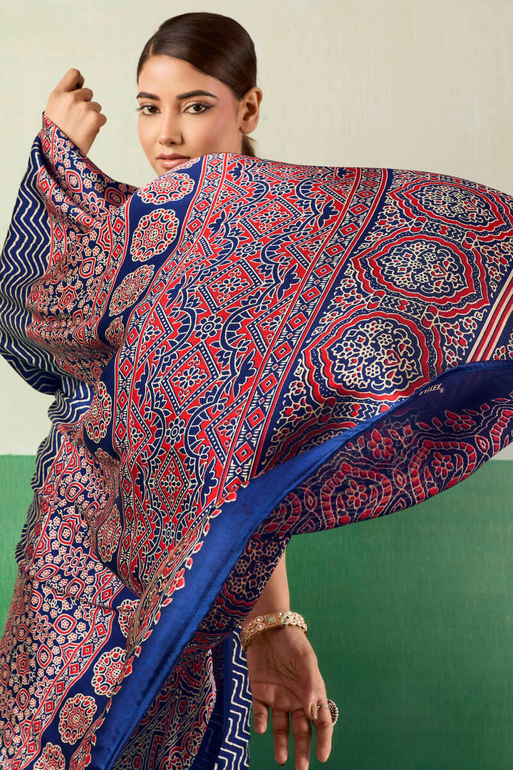 Catalina Blue Ajrakh Printed Satin Silk Saree