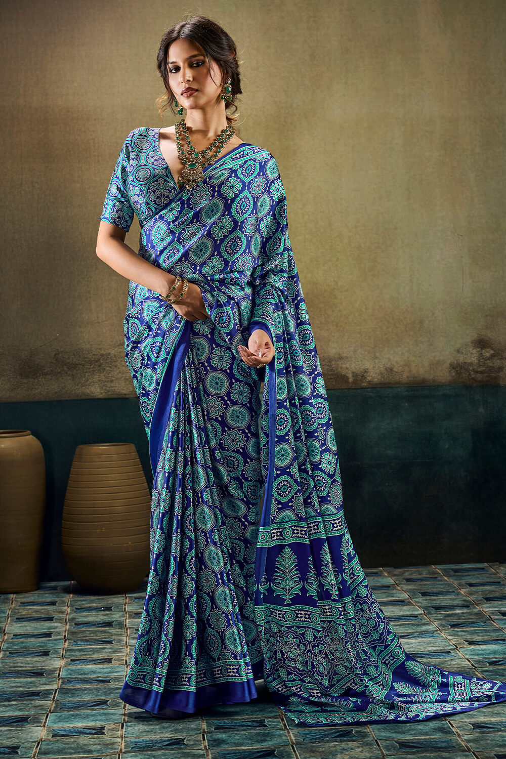 Catalina Blue Ajrakh Printed Semi Modal Satin Silk Saree
