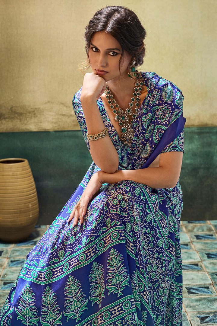 Catalina Blue Ajrakh Printed Semi Modal Satin Silk Saree