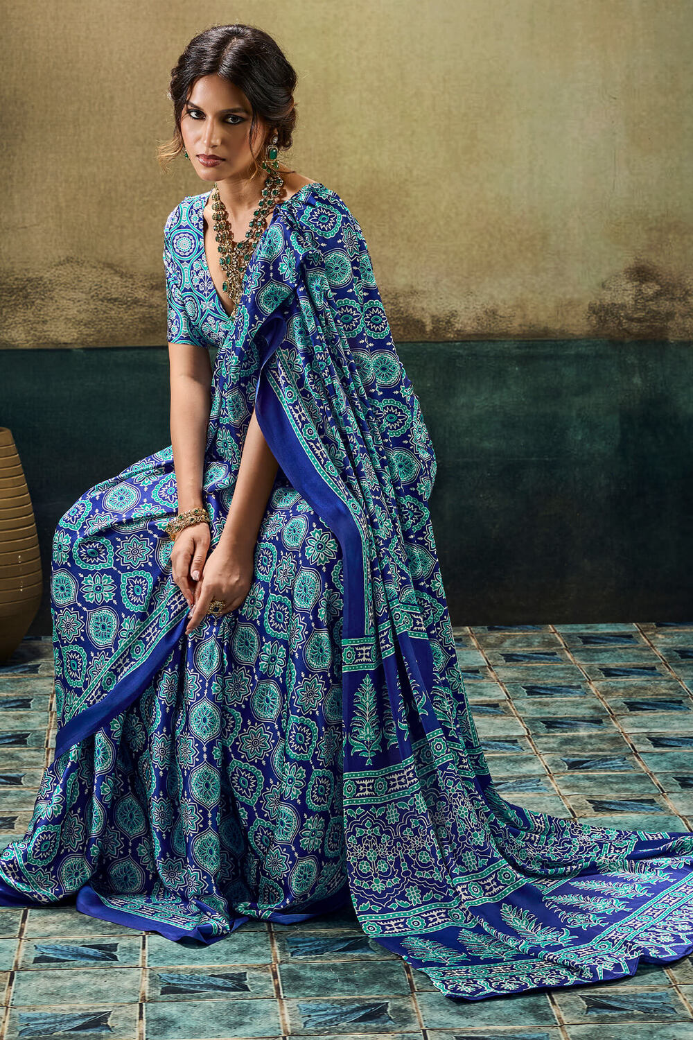 Catalina Blue Ajrakh Printed Semi Modal Satin Silk Saree