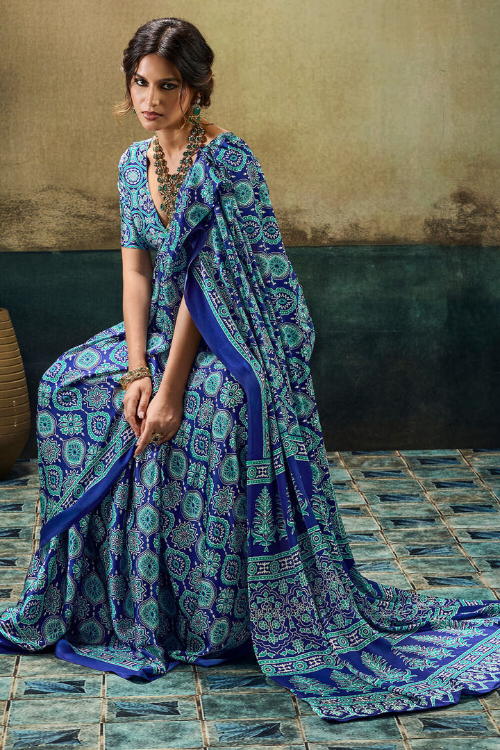 Catalina Blue Ajrakh Printed Semi Modal Satin Silk Saree