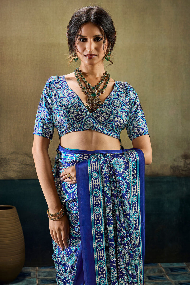 Catalina Blue Ajrakh Printed Semi Modal Satin Silk Saree