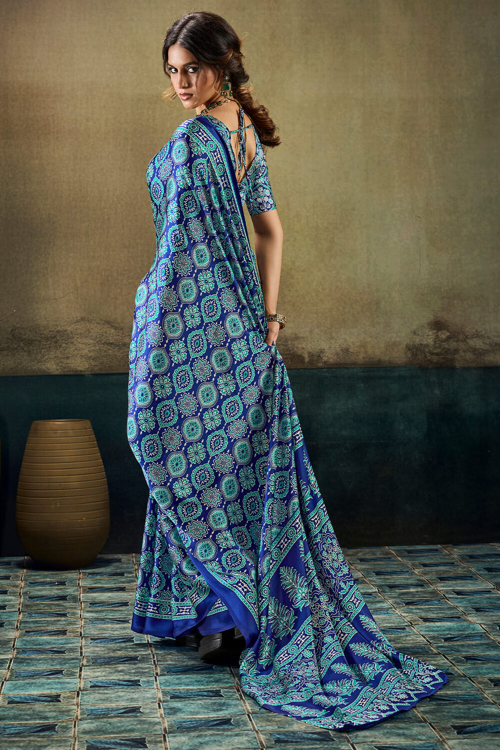Catalina Blue Ajrakh Printed Semi Modal Satin Silk Saree