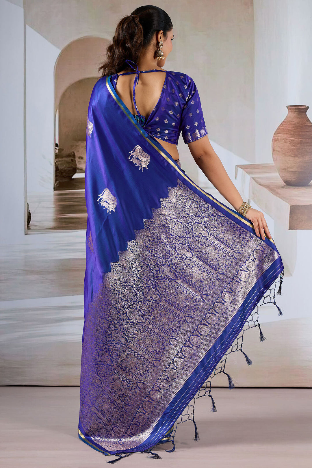 Catalina Blue Banarasi Satin Silk Saree