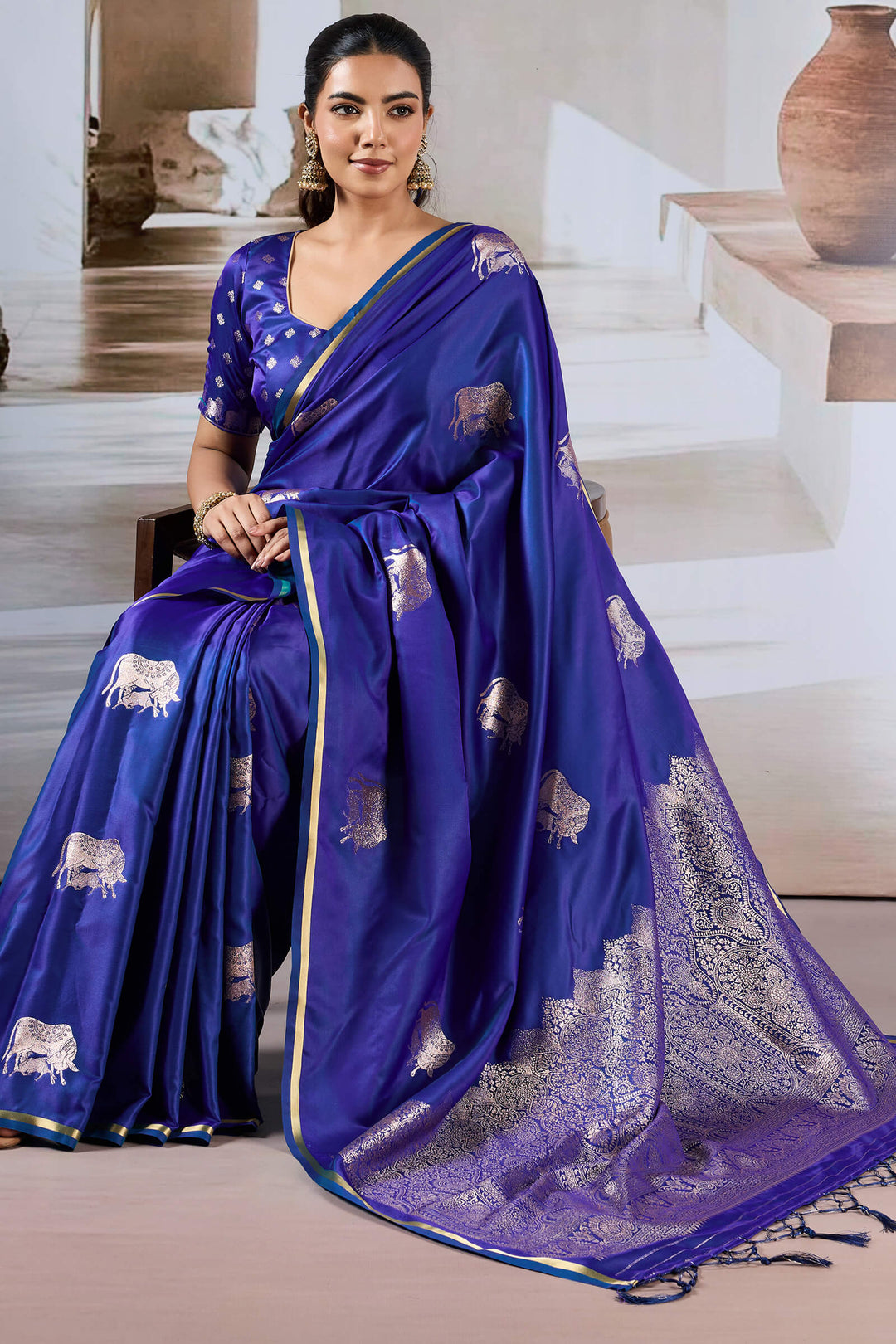 Catalina Blue Banarasi Satin Silk Saree
