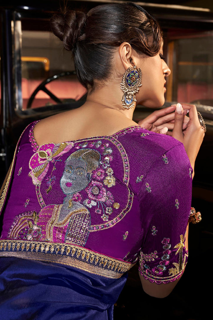 Catalina Blue Pure Silk Saree With Fancy Lace Border and Embroidery Blouse