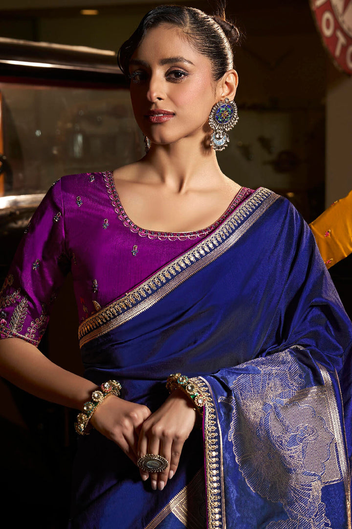 Catalina Blue Pure Silk Saree With Fancy Lace Border and Embroidery Blouse