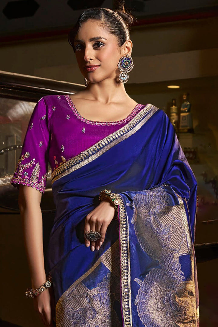 Catalina Blue Pure Silk Saree With Fancy Lace Border and Embroidery Blouse
