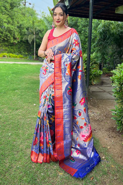 Catalina Blue Zari Woven Paithani Silk Saree