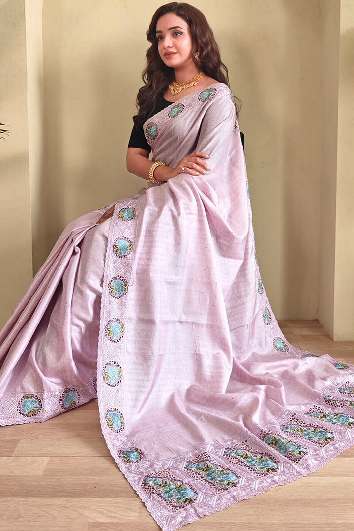 Cavern Pink Cutwork Embroidered Tussar Silk Saree