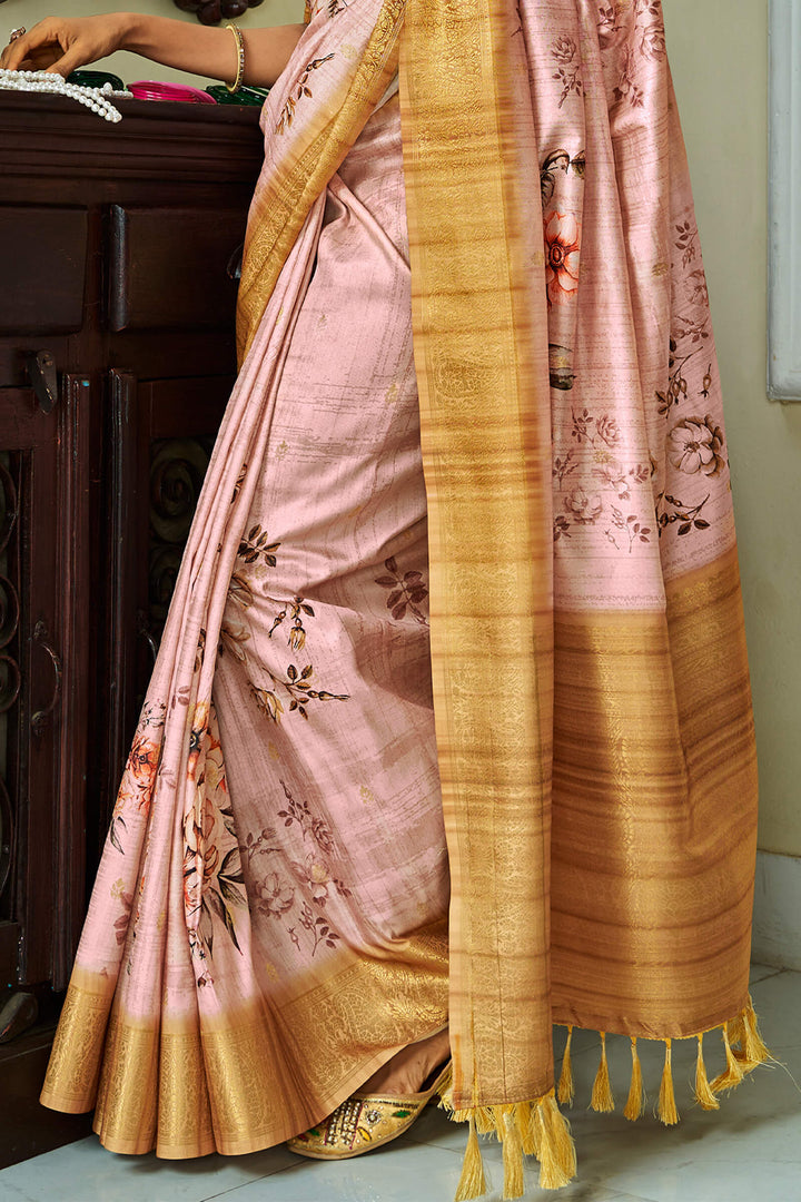 Cavern Pink Handloom Woven Digital Printed Soft Silk Saree