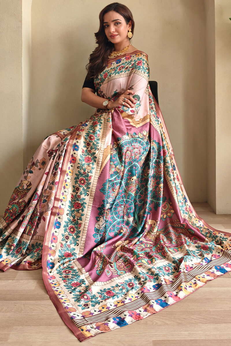 Cavern Pink Kalamkari Printed Soft Silk Saree
