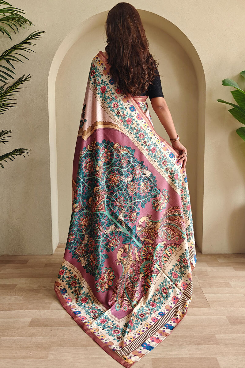 Cavern Pink Kalamkari Printed Soft Silk Saree