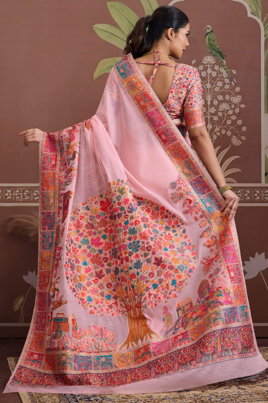 Cavern Pink Kashmiri Modal Pashmina Silk Saree