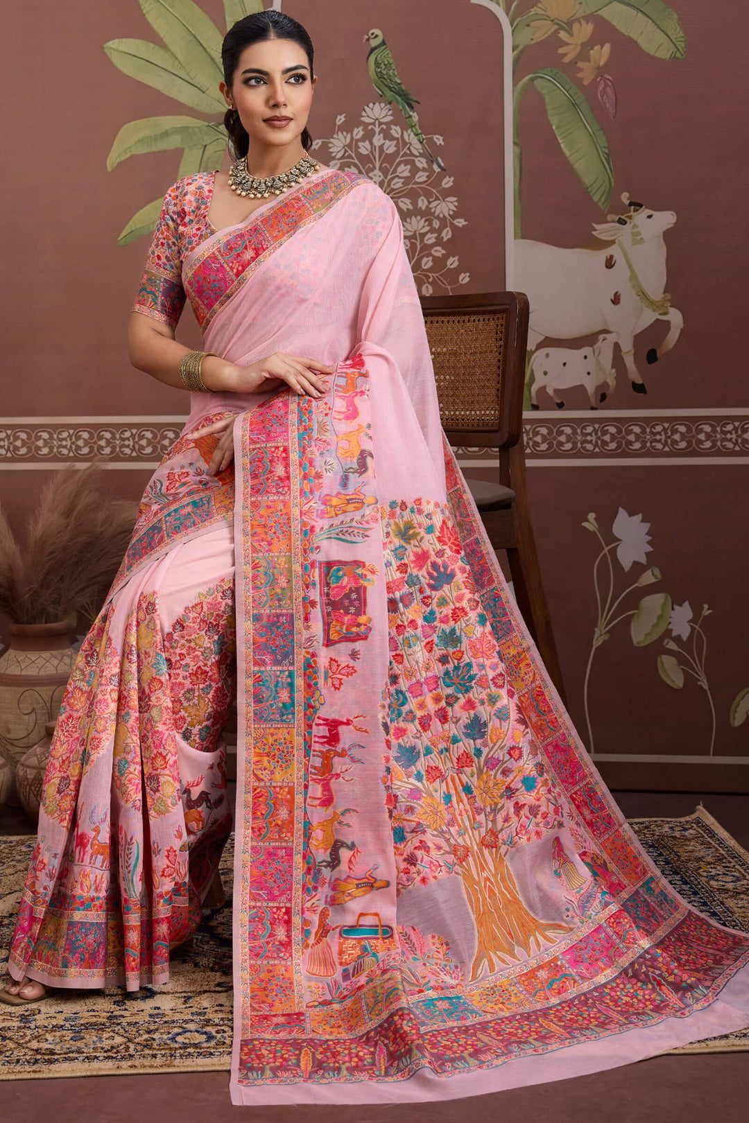 Cavern Pink Kashmiri Modal Pashmina Silk Saree