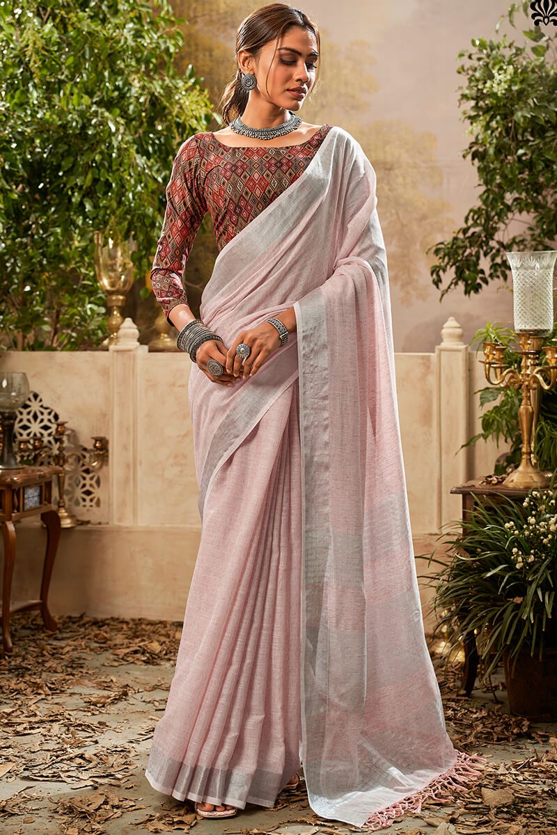 Cavern Pink Linen Cotton Silk Saree With Printed Blouse