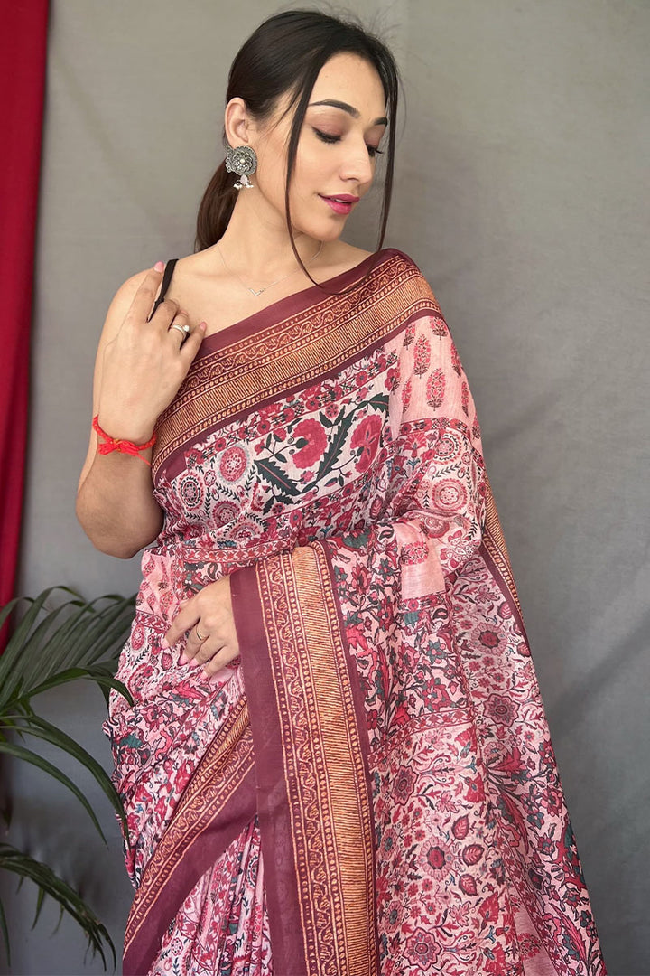 Cavern Pink Printed Cotton Silk Saree