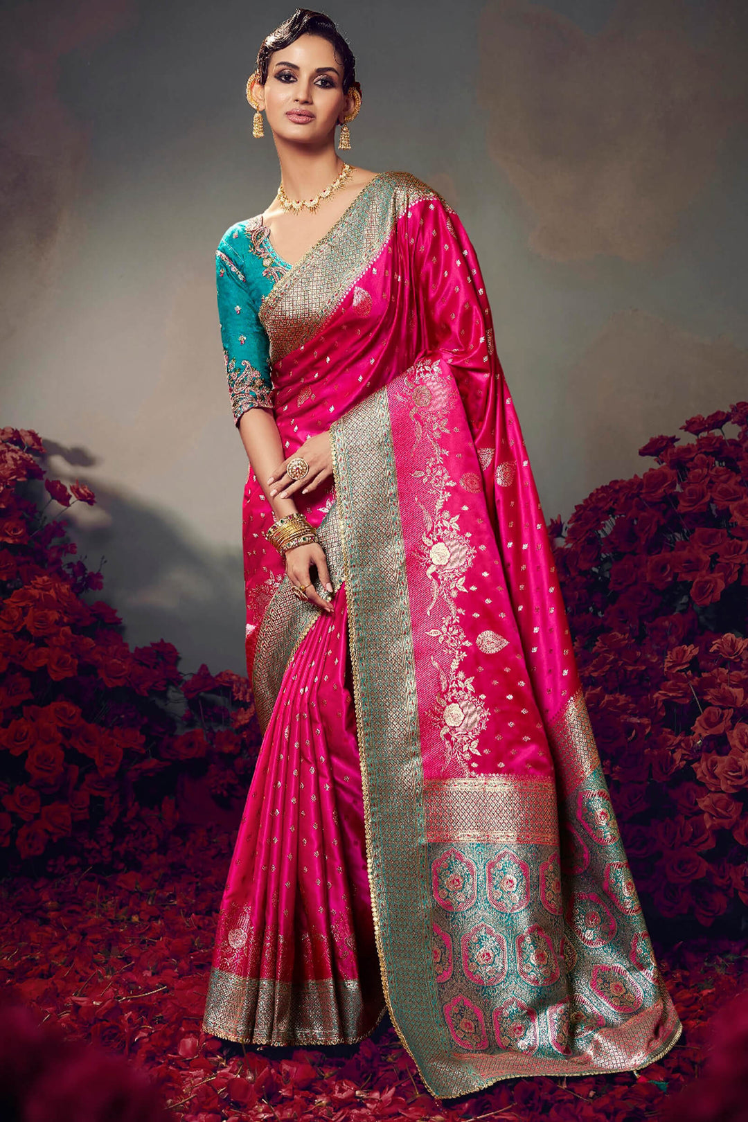 Cerise Pink Banarasi Satin Silk Saree With Fancy Lace Border and Embroidery Blouse