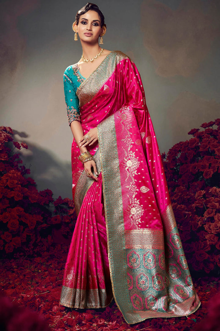 Cerise Pink Banarasi Satin Silk Saree With Fancy Lace Border and Embroidery Blouse