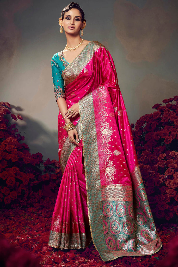 Cerise Pink Banarasi Satin Silk Saree With Fancy Lace Border and Embroidery Blouse