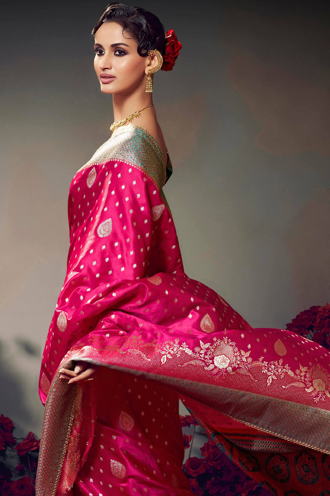 Cerise Pink Banarasi Satin Silk Saree With Fancy Lace Border and Embroidery Blouse