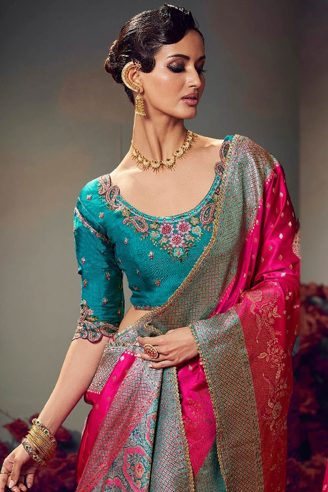 Cerise Pink Banarasi Satin Silk Saree With Fancy Lace Border and Embroidery Blouse