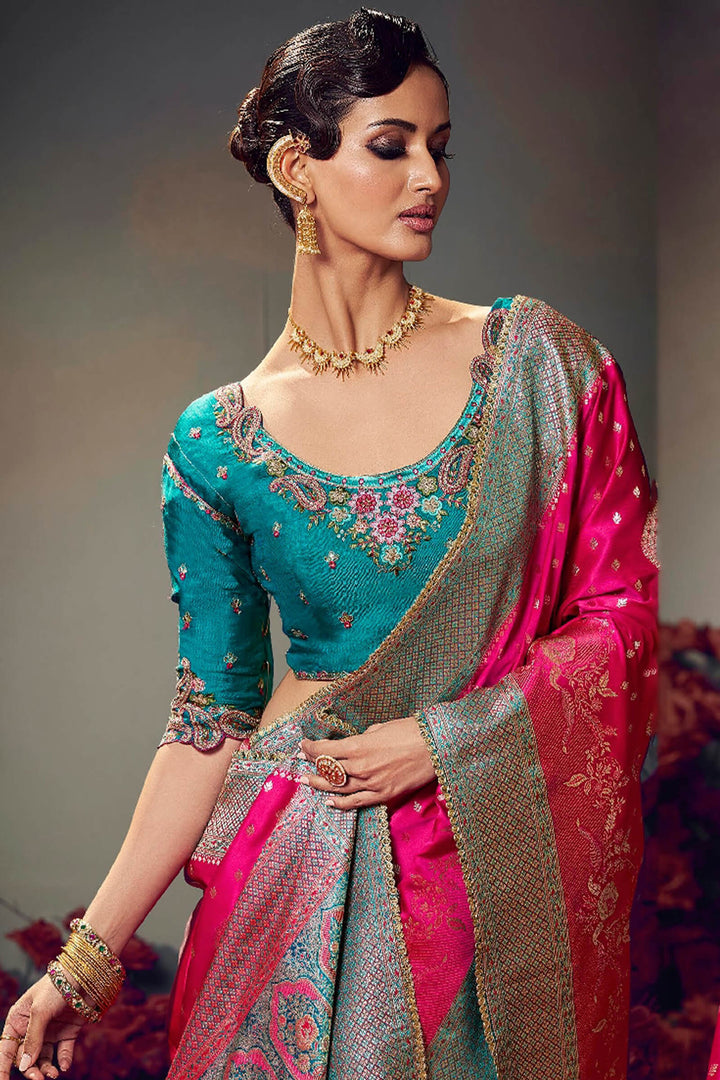 Cerise Pink Banarasi Satin Silk Saree With Fancy Lace Border and Embroidery Blouse