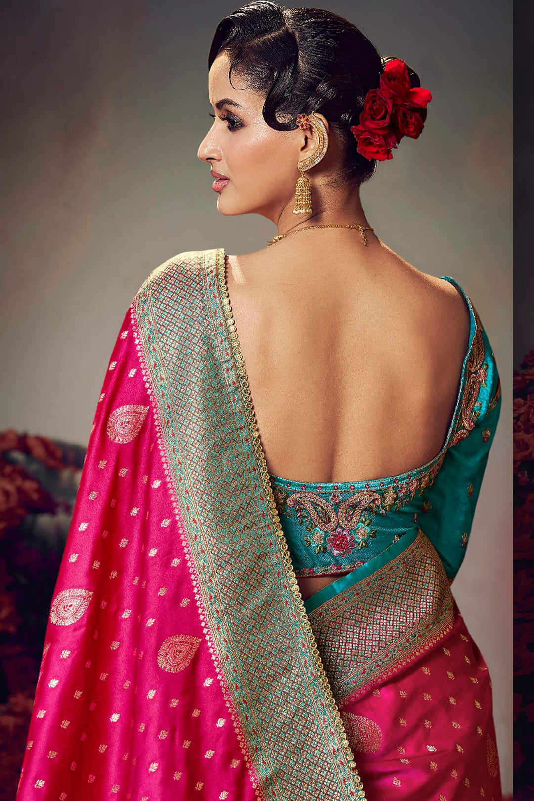 Cerise Pink Banarasi Satin Silk Saree With Fancy Lace Border and Embroidery Blouse