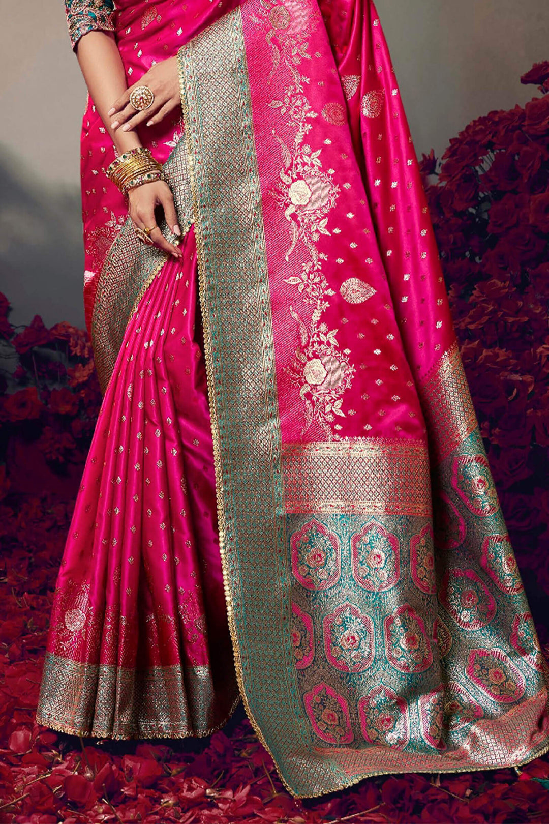 Cerise Pink Banarasi Satin Silk Saree With Fancy Lace Border and Embroidery Blouse