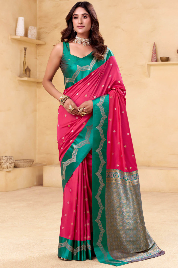 Cerise Pink Banarasi Satin Silk Saree