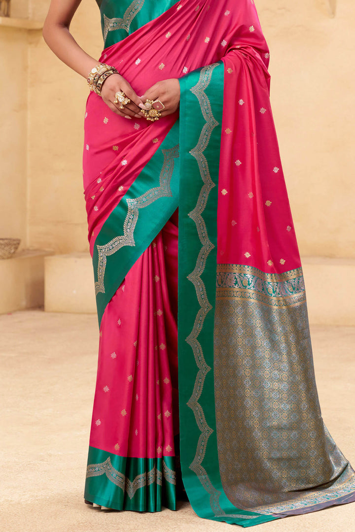 Cerise Pink Banarasi Satin Silk Saree