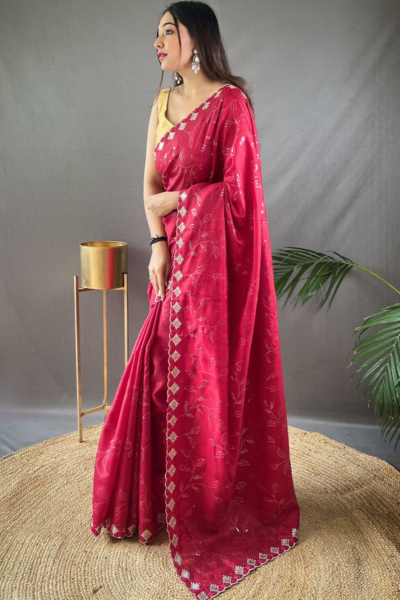 Cerise Pink Embroidered SequenceWork Soft Silk Saree