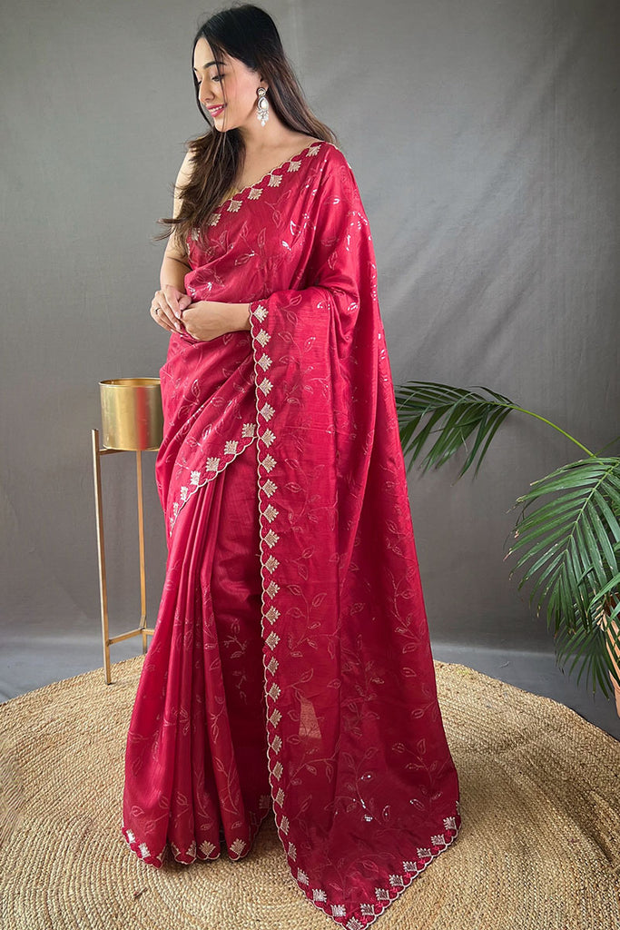 Cerise Pink Embroidered SequenceWork Soft Silk Saree