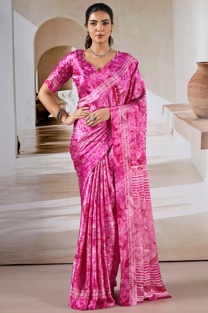 Cerise Pink Hand Prism Printed Satin Silk Saree