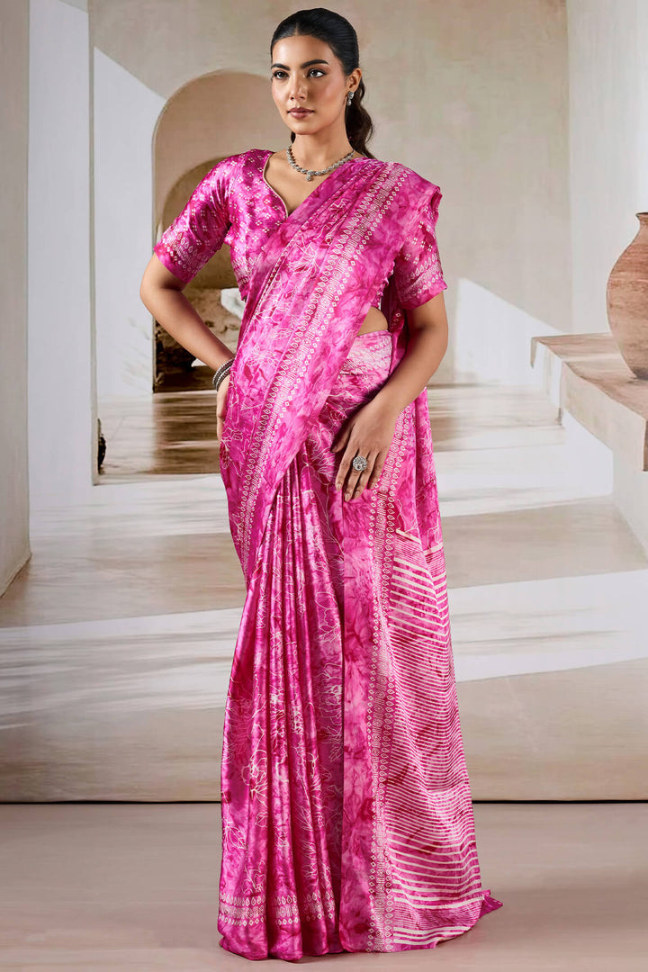 Cerise Pink Hand Prism Printed Satin Silk Saree