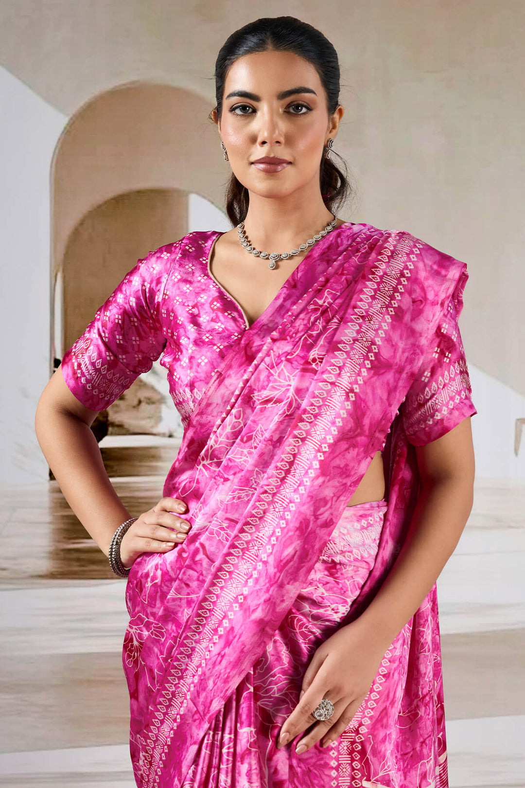 Cerise Pink Hand Prism Printed Satin Silk Saree