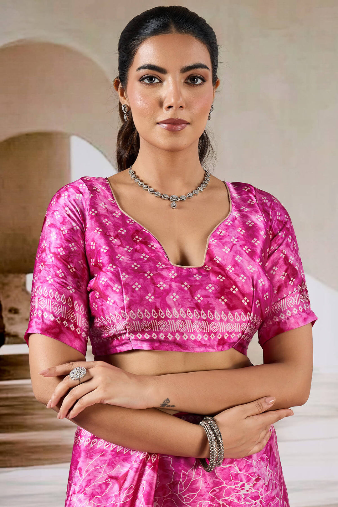 Cerise Pink Hand Prism Printed Satin Silk Saree