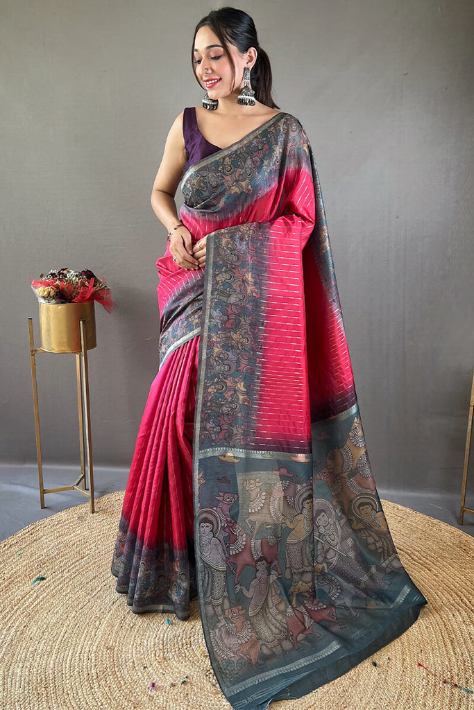 Cerise Pink Printed Chanderi silk saree