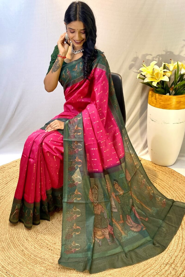 Cerise Pink Printed Soft Chanderi Silk Saree