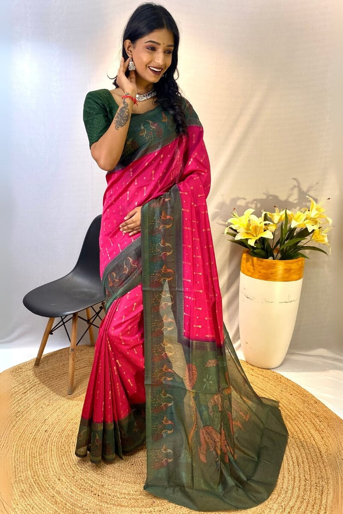 Cerise Pink Printed Soft Chanderi Silk Saree